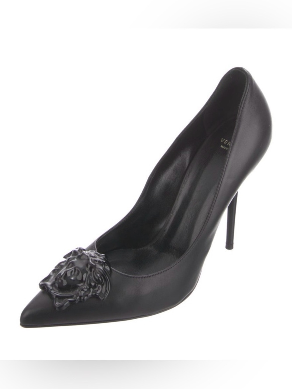 Versace Black Pointed-Toe Leather Pumps with Medusa Embellishment